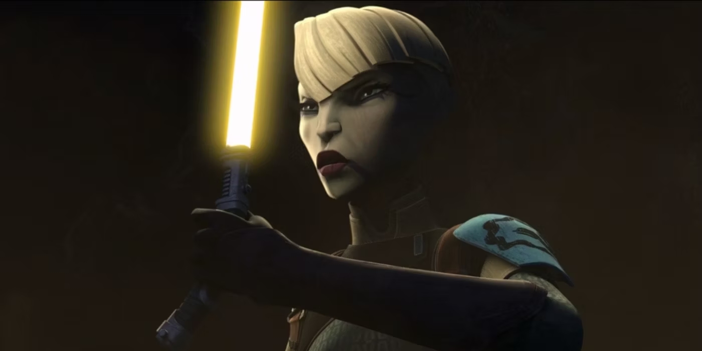 Asajj Ventress con una spada laser gialla